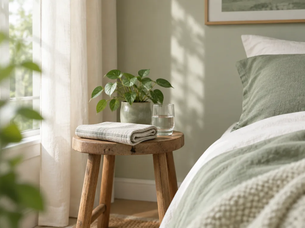 Ett ljust sovrumshörn med en vikt linnehandduk, ett vattenglas och en grön växt på en träpall i morgonljus