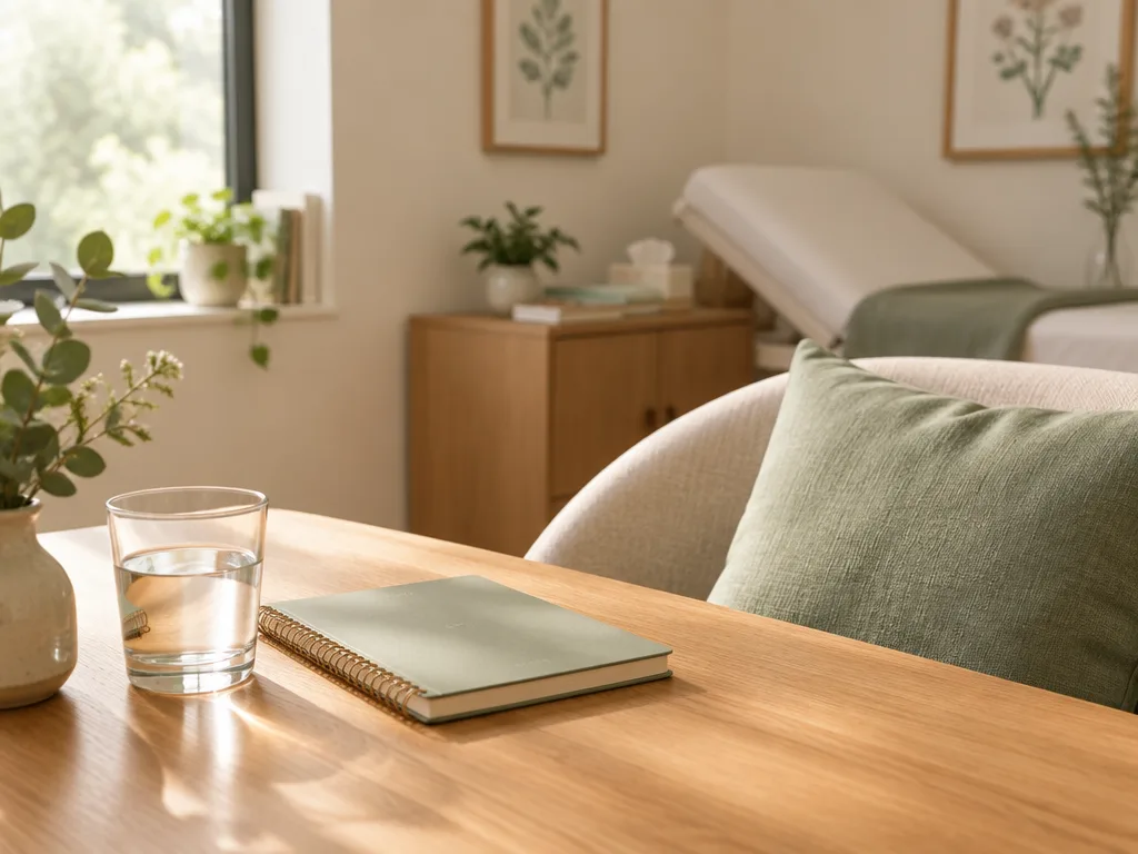 Ett ljust mottagningsrum med ett glas vatten och ett salviagrönt anteckningsblock på ett träbord i morgonljus