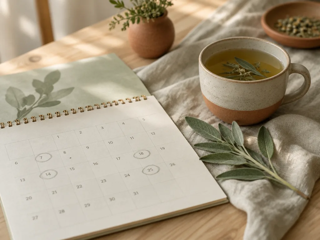 En väggkalender med inringade datum, en salviakvist och en kopp örtte på ett linnetyg och ett ljust träbord i morgonljus