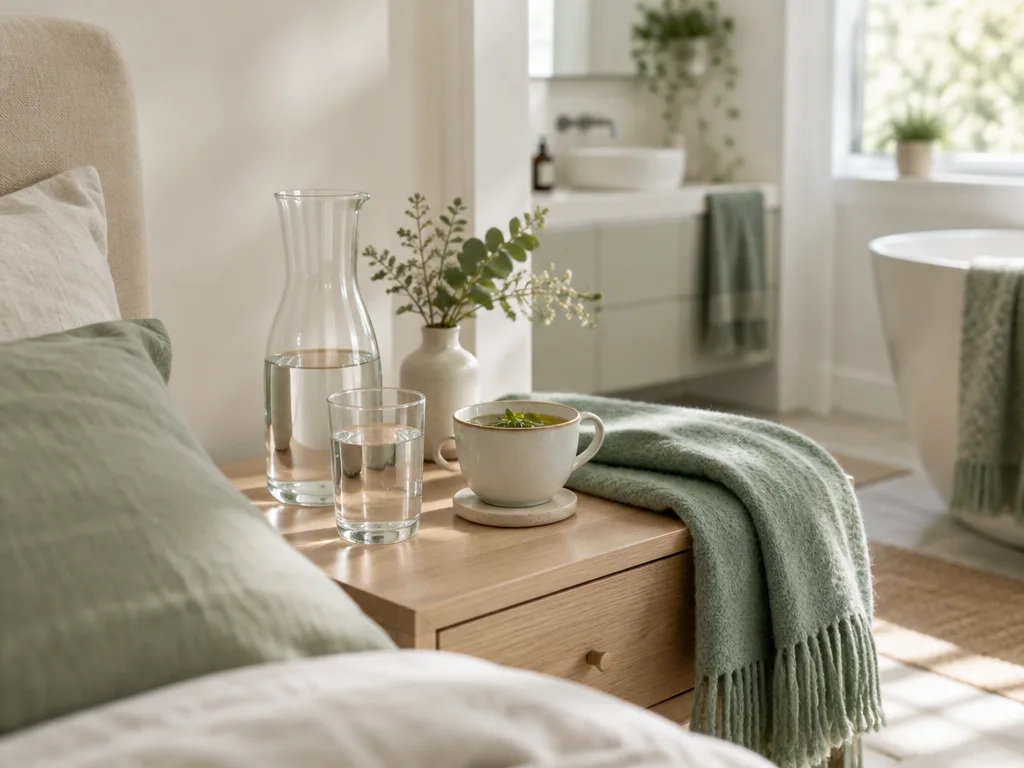 En karaff och ett glas vatten, en kopp örtte och en salviagrön filt på ett sängbord av ljust trä i morgonljus