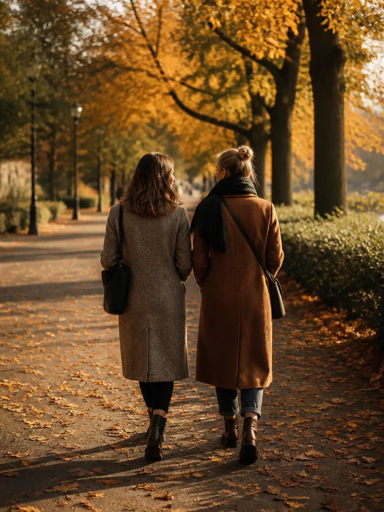 Två kvinnor som promenerar i en höstallé