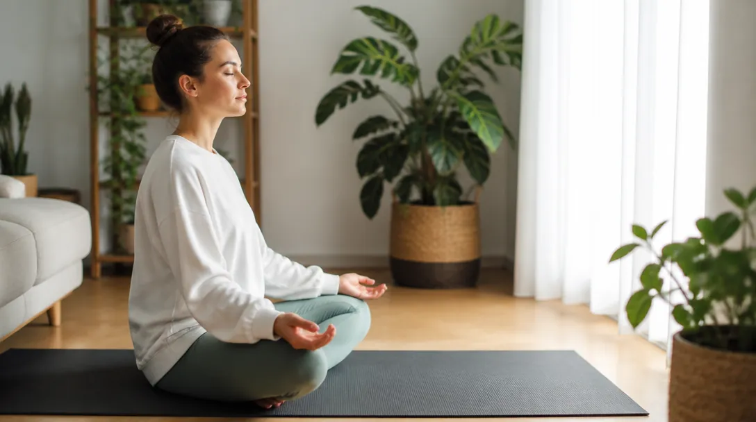 Kvinna som sitter stilla på en yogamatta i ett ljust rum